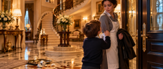 La femme de ménage et le petit garçon dans le hall de la maison