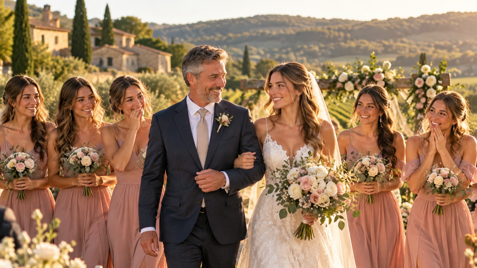 Le père conduit la mariée vers l'autel, suivi de cinq demoiselles d'honneur en rose poudré